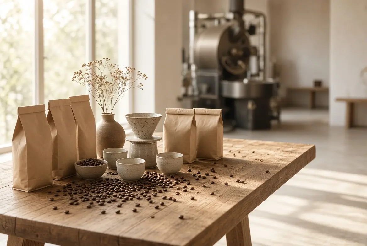 Meja kayu panjang berisi kemasan kopi, biji sangrai, dripper, dan cangkir keramik di roastery RAMZCO