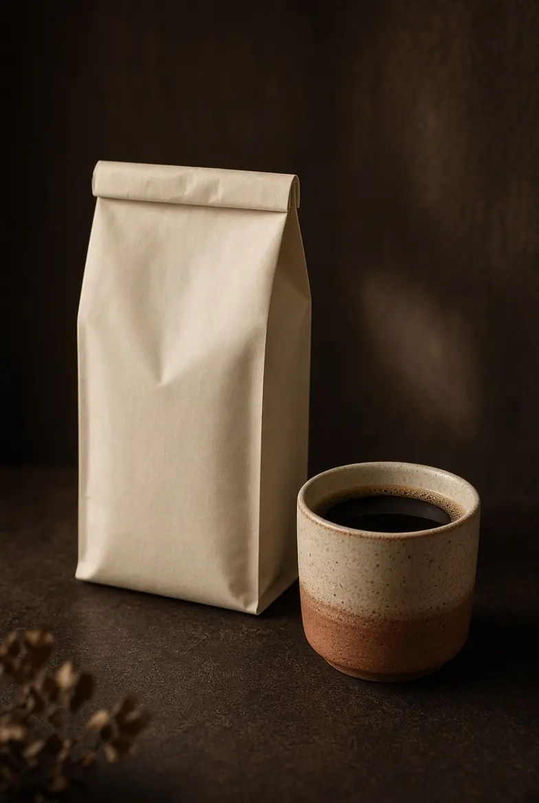 Kemasan kopi RAMZCO dan secangkir kopi hitam