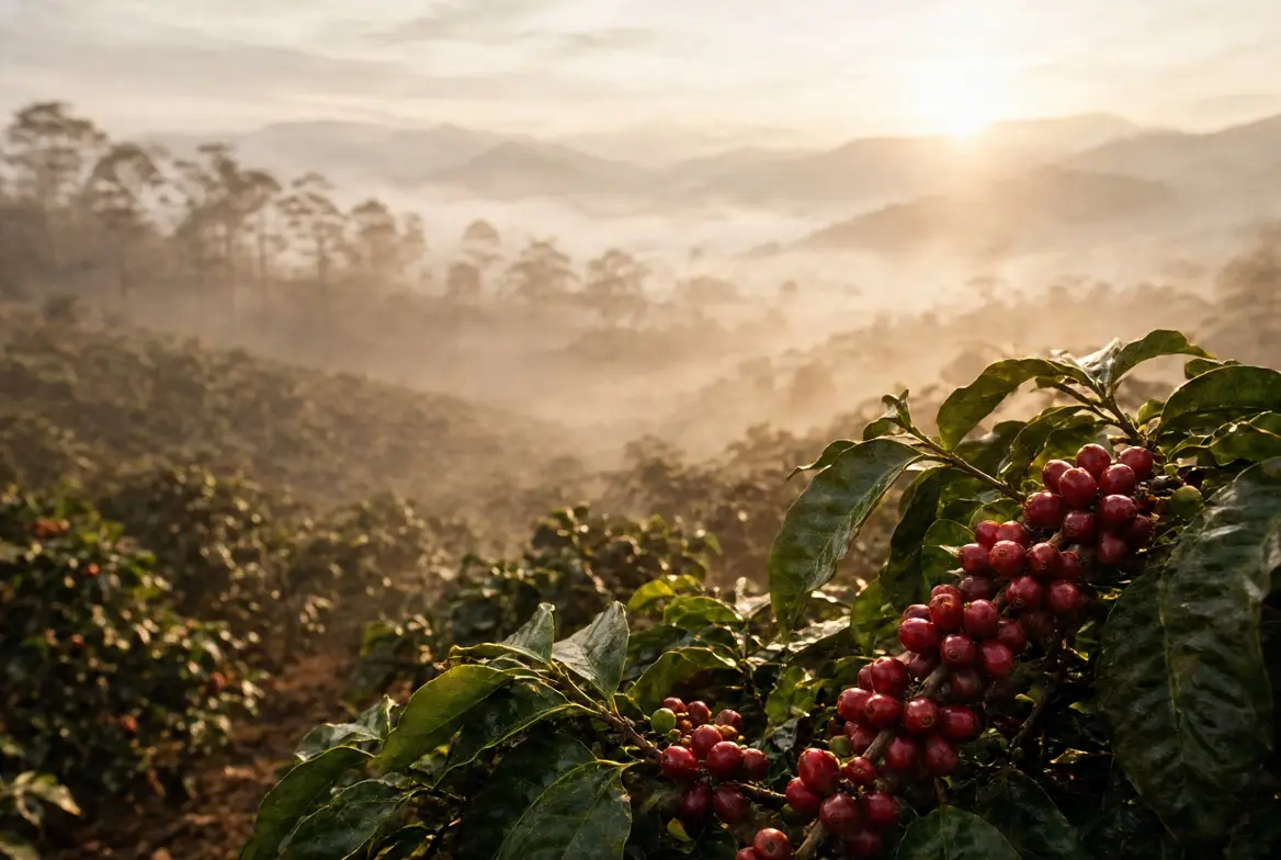 Kebun kopi dataran tinggi berkabut saat matahari terbit dengan cherry merah di depan