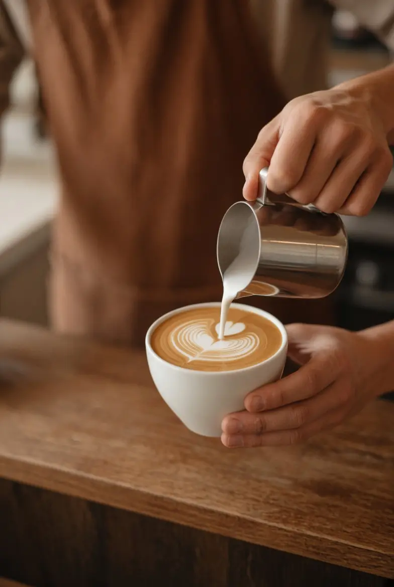 Barista menuang susu membentuk latte art di cangkir putih