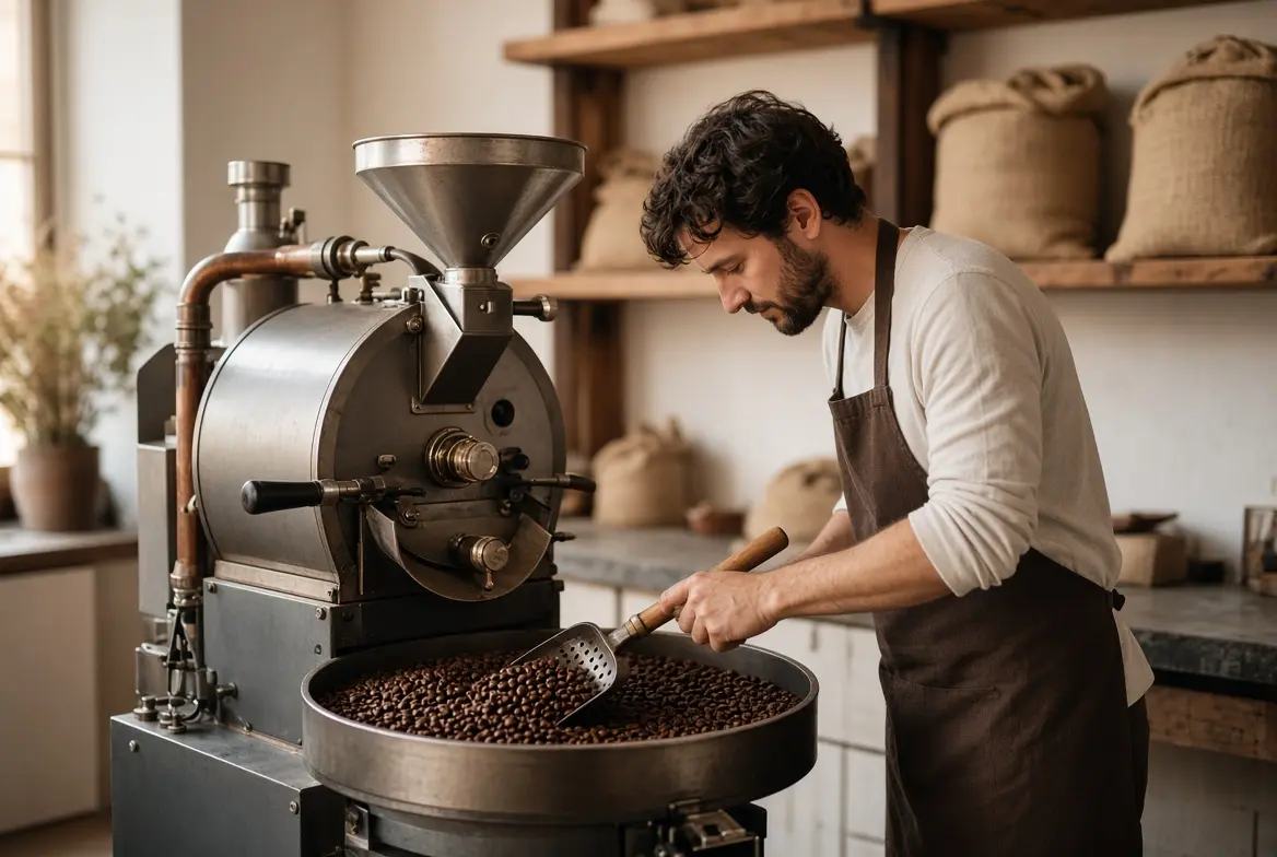 Roaster menyangrai biji kopi di mesin sangrai drum