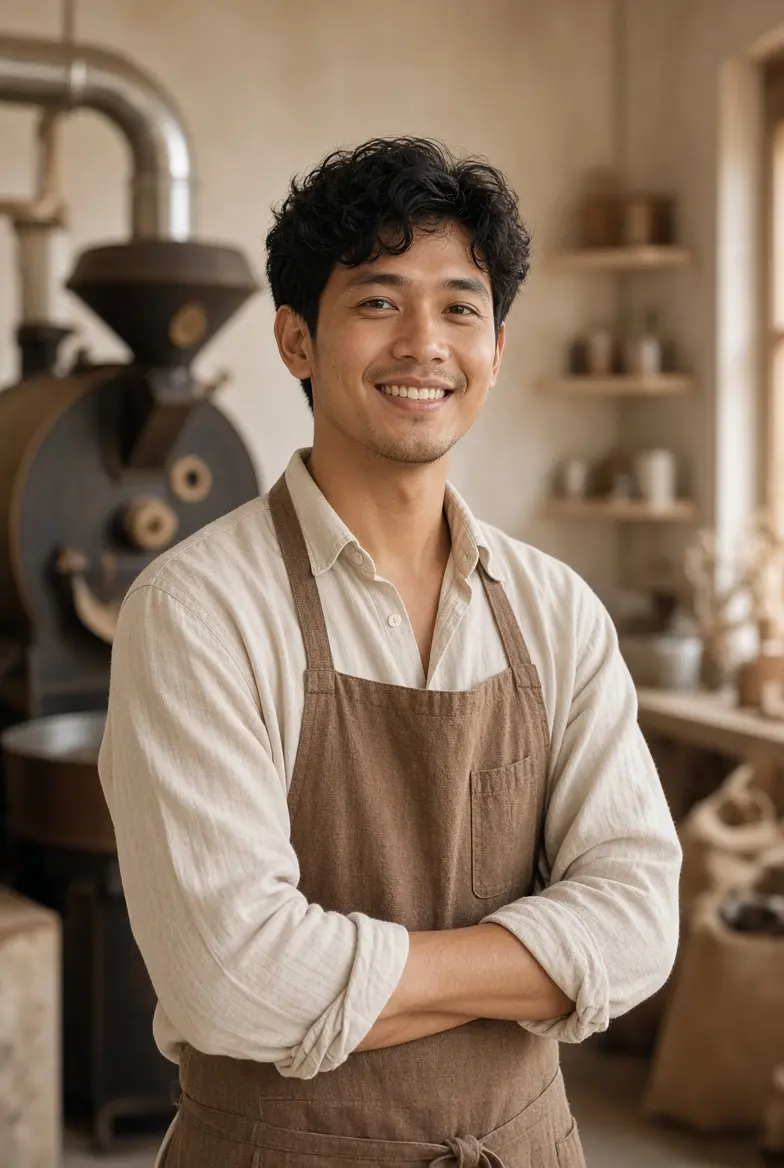 Pendiri RAMZCO berdiri di depan mesin sangrai dengan apron cokelat