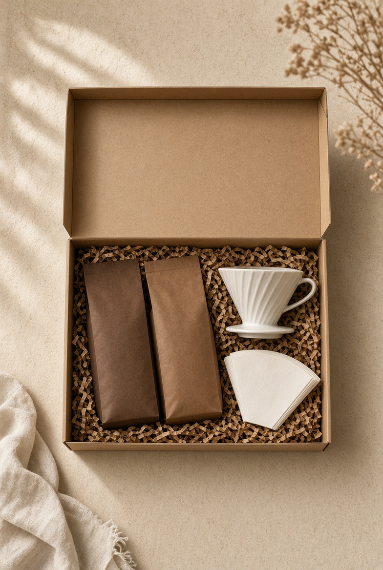 Gift set kopi berisi dua kemasan, dripper, dan filter