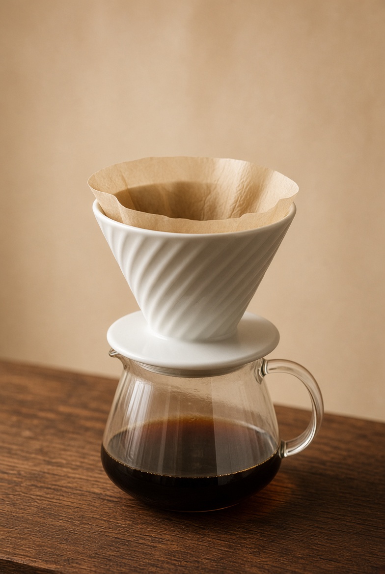 Dripper keramik V60 di atas server kaca